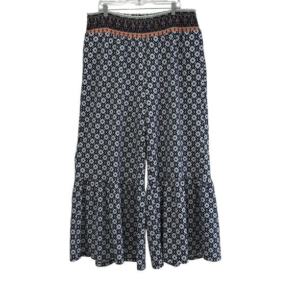 Bohemian Wide Leg Ruffle Bell Bottom Pull On Pants Sz XL Pockets Printed Hippie - Picture 1 of 8